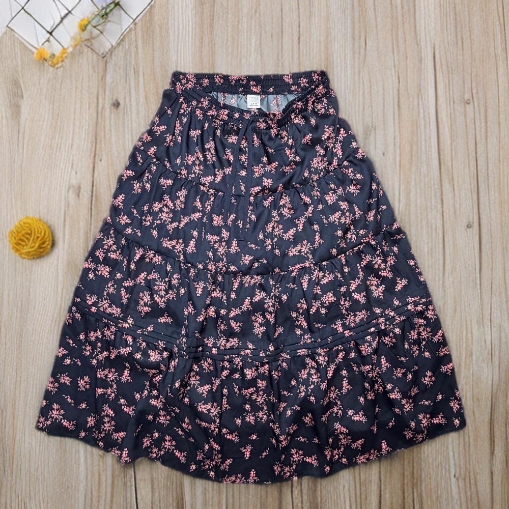 Navy Blue  Pink Floral Tiered Maxi Skirt Medium Flowy Fairy Boho Cottagecore